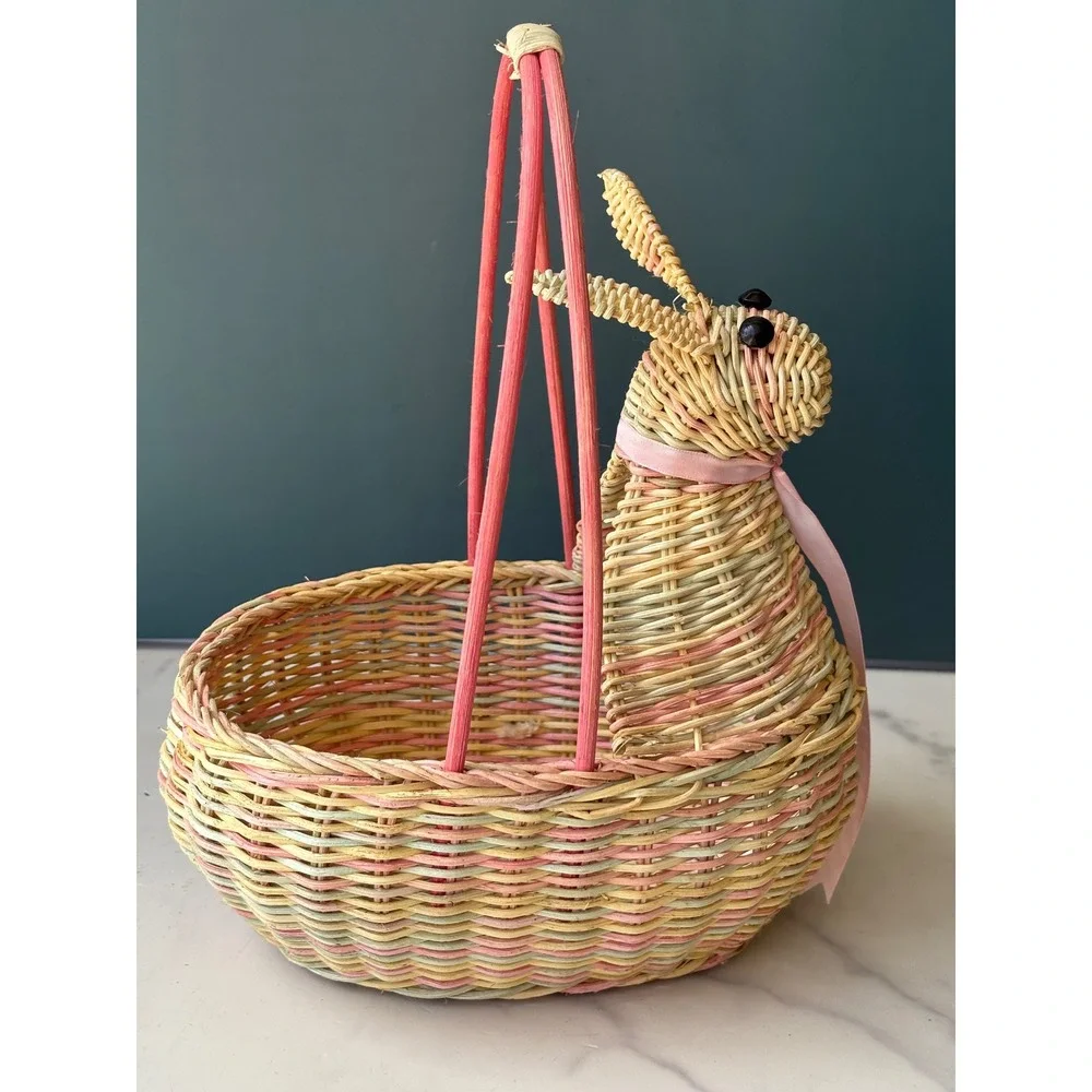 Vintage Pastel Wicker Bunny Easter Basket Pink Yellow Green Woven Rabbit Decor